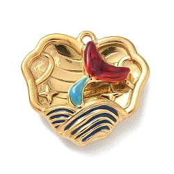 Hollow 304 Stainless Steel Two Sides Enamel Pendants, Heart with Fishtail Charms, Ion Plating(IP), Real 18K Gold Plated, Colorful, 28x30.5x10mm, Hole: 1.8mm(STAS-L316-17G-02)