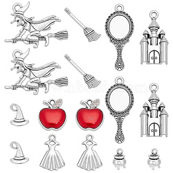 48Pcs 8 Styles Snow White & Witch Theme Tibetan Style Alloy Pendants, Mixed Shapes, Antique Silver & Platinum, 12~34x8.5~37x2~11mm, Hole: 1.6~3mm, 6pcs/style(TIBEP-SC0003-61)