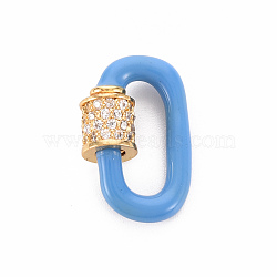 Brass Micro Pave Clear Cubic Zirconia Screw Carabiner Lock Charms, with Enamel, for Necklaces Making, Cadmium Free & Nickel Free & Lead Free, Oval, Real 16K Gold Plated, Cornflower Blue, 19x12x2.5mm, Screw: 6x6mm(ZIRC-S067-068C-NR)