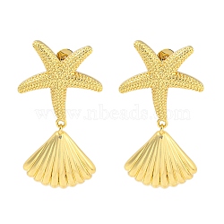 Rack Plating Brass Stud Earrings, with Ear Nuts, Long-Lasting Plated, Starfish & Shell, Real 18K Gold Plated, 38x20.5mm(EJEW-N055-04G-RS)