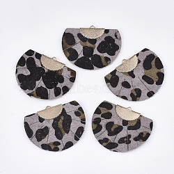Eco-Friendly Cowhide Leather Pendants, with Brass Findings, Fan Shape, Light Gold, Rosy Brown, 38x47x3.5mm, Hole: 3x1.5mm(FIND-S301-28C-03)