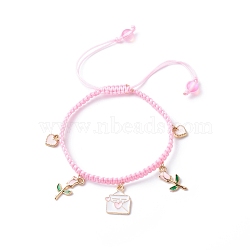 Heart Envelope Rose Alloy Enamel Charm Bracelet, Braided Adjustable Bracelet for Valentine's Day, Pink, Inner Diameter: 2-1/8~3-1/4 inch(5.4~8.2cm)(BJEW-JB08682-01)