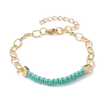 Waxed Cotton Cords Braided Link Bracelets, with Golden Brass Cable Chains, Medium Aquamarine, 7-1/8 inch(18cm)