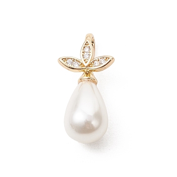 Shell Pearl Pendants, Teardrop Charms with Brass Micro Pave Clear Cubic Zirconia Leaf Bails, White, Real 18K Gold Plated, 22x10.5x8mm, Hole: 5x3mm