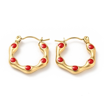 Ion Plating(IP) 304 Stainless Steel Hexagon Hoop Earrings with Enamel for Women, Golden, Red, 20x19x3mm, Pin: 0.8mm