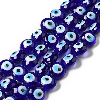 Handmade Evil Eye Lampwork Beads Strands, Flat Round, Blue, 12.5x7.5mm, Hole: 1.6mm, about 33pcs/strand, 15.12''(38.4cm)