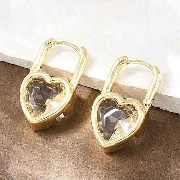 Heart Brass Micro Pave Clear Cubic Zirconia Hoop Earrings, Real 18K Gold Plated, 22.5x13x5mm