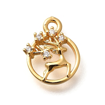 Brass Micro Pave Cubic Zirconia Pendants, Deer Charms, Real 18K Gold Plated, 12.5x10x2.5mm, Hole: 1.2mm