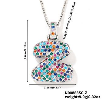 Brass Pave Colorful Cubic Zirconia Letter Pendant Box Chain Necklaces, Platinum, Letter Z, 15.75 inch(40cm)