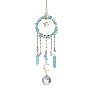 Natural Dyed Jade Imitation Aquamarine Chip Pendant Decorations with Brass Moon & Cable Chain & Electroplated Quartz Crystal Tassel, Faceted Round Glass Crystal Ball & Star Prism Suncatchers, 278mm