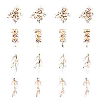 DIY Leaf Shape Jewelry Making Finding Kit, Including 12Pcs 3 Style Alloy Crystal Rhinestone Cabochons & 4Pcs Pendants, Light Gold, 31.5~39x12~29x4.5~5.5mm, 16Pcs/box