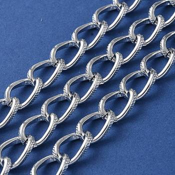 Oxidation Aluminum Textured Curb Chains, Twisted Chains, Unwelded, with Spool, Silver, 12.5x8.5x4.5mm, about 98.43 Feet(30m)/Roll