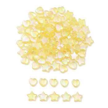 100Pcs 2 Style Eco-Friendly Transparent Acrylic Beads, Heart/Star, Dyed, AB Color, Yellow, 8~10x8~10x3~4mm, Hole: 1.5mm, 50pcs/style