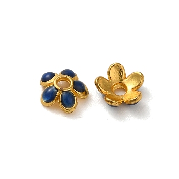 Alloy Enamel Beads Caps, Lead Free & Cadmium Free, Multi-Petal Flower, Marine Blue, 6x2mm, Hole: 1mm