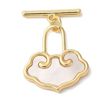 Brass Toggle Clasps, with Shell, Cloud, Real 16K Gold Plated, Bar: 4.5x17x2mm, Hole: 1.4mm; Lock: 20x18x2.5mm, Hole: 8x4.5mm