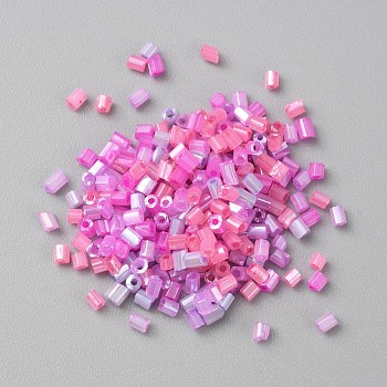 Opaque Colours Glass Hexagon Bugle Beads, Round Hole, Hot Pink, 1.5~2.5x2mm, Hole: 0.9mm, 5500pcs/100g