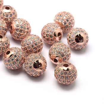 Rack Plating Brass Cubic Zirconia Beads, Long-Lasting Plated, Round, Rose Gold, 9.5~10x9~9.5mm, Hole: 2mm
