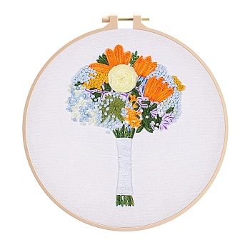 Flower Pattern DIY Embroidery Kit, including Embroidery Needles & Thread, Cotton Cloth, Orange, 210x210mm