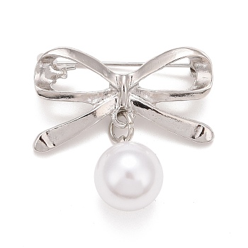 Alloy Bowknot Brooch with Plastic Pearl, Creative Badge for Backpack Clothes, Platinum, 31x31.5x11.5mm, Pin: 0.7mm