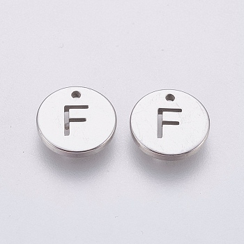 Non-Tarnish 304 Stainless Steel Charms, Flat Round with Letter, Stainless Steel Color, Letter.F, 10x1mm, Hole: 1mm