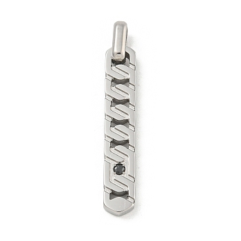 304 Stainless Steel Pendants, with Rhinestone, Rectangle Charm, Stainless Steel Color, 35x6x3mm, Hole: 4x5mm