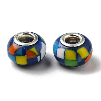 Bohemian Style Resin European Beads, Large Hole Beads, Rondelle, Platinum Color Core, Blue, 14x9.5mm, Hole: 4.8mm