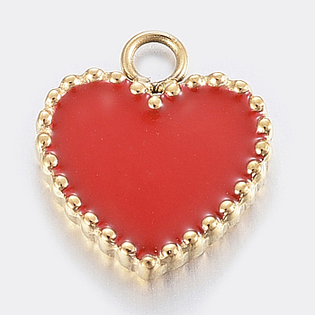 304 Stainless Steel Enamel Charms, Heart, Golden, Red, 12x10.5x2mm, Hole: 2mm