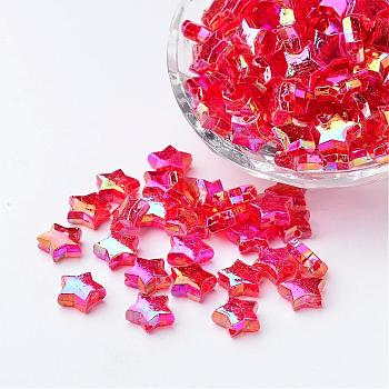 Eco-Friendly Transparent Acrylic Beads, Star, Red, AB Color, about 10mm in diameter, 4mm thick, hole:1.5mm. about 2140pcs/500g