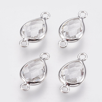 Glass Links connectors, with Brass Findings, Faceted Teardrop, Nickel Free, Real Platinum Plated, Clear, 14x7x3mm, Hole: 1.2mm
