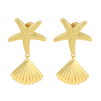 Rack Plating Brass Stud Earrings, with Ear Nuts, Long-Lasting Plated, Starfish & Shell, Real 18K Gold Plated, 38x20.5mm