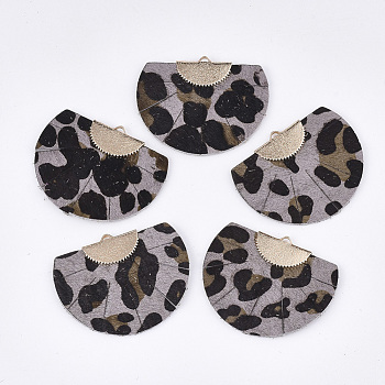 Eco-Friendly Cowhide Leather Pendants, with Brass Findings, Fan Shape, Light Gold, Rosy Brown, 38x47x3.5mm, Hole: 3x1.5mm