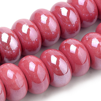 Handmade Porcelain Beads, Pearlized, Rondelle, Indian Red, 15~16x9~10mm, Hole: 5~6mm