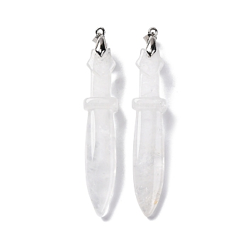 Natural Quartz Crystal Big Pendants, Rock Crystal Sword Charms, with Rack Plating Platinum Tone Brass Snap on Bails, Lead Free & Cadmium Free, 69.5x14.5x12.5mm, Hole: 6x4mm