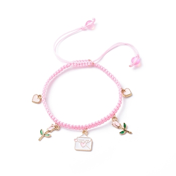 Heart Envelope Rose Alloy Enamel Charm Bracelet, Braided Adjustable Bracelet for Valentine's Day, Pink, Inner Diameter: 2-1/8~3-1/4 inch(5.4~8.2cm)