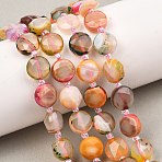 Natural Fire Crackle Agate Beads Strands, Faceted Pentagonal Cut Coin Beads, Dyed & Heated, Flat Round, with Seed Beads, Pink, 10~10.5x5.5~6.5mm, Hole: 0.9mm, about 31pcs/strand, 15.24''(38.7cm)(G-C116-A192-01)