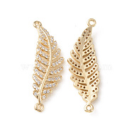 Brass Micro Pave Clear Cubic Zirconia Connector Charms, Feather Links, Light Gold, 35.5x11x3.5mm, Hole: 1.2mm(KK-G462-11KCG)