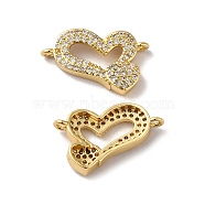Eco-Friendly Rack Plating Brass Micro Pave Clear Cubic Zirconia Connector Charms, Long-Lasting Plated, Lead Free & Cadmium Free, Double Heart, Real 18K Gold Plated, 12.5x20.5x3.5mm, Hole: 1.2mm(KK-F853-27G)