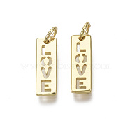 Brass Pendants, with Jump Ring, Nickel Free, Rectangle with Word LOVE, Real 18K Gold Plated, 16x5x1.5mm, Hole: 3mm(KK-R133-049G-NF)