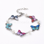 Link Bracelets, with Glass Pearl, Alloy Enamel Links, Iron Twisted Chains and 304 Stainless Steel Lobster Claw Clasps, Butterfly, Colorful, 7-1/2 inch(19cm)(BJEW-JB05001)