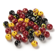 Printed Wood European Beads, Large Hole Beads, Round, Mixed Color, 15.5~16x14.5mm, Hole: 4.5mm(WOOD-K008-02)