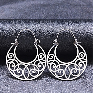 304 Stainless Steel Hollow Moon Hoop Earrings, Bohemia Theme Earrings, Stainless Steel Color, 44x35x1mm(EJEW-P248-13P)