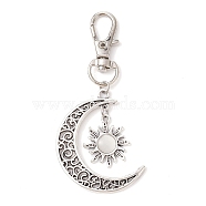 Moon & Sun Alloy Pendant Decorations, Cat Eye and Alloy Swivel Lobster Claw Clasps Charm, Antique Silver & Platinum, White, 73mm(HJEW-JM01596-03)