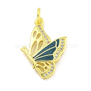 Real 18K Gold Plated Brass Micro Pave Cubic Zirconia Pendants, Butterfly, Cyan, 25.5x18x3mm, Hole: 3.5mm(KK-R159-05C-G)