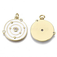 Brass Micro Pave Cubic Zirconia Pendants, with Enamel and Jump Ring, Nickel Free, Flat Round with Vortex, Real 16K Gold Plated, White, 22x21x2mm, Jump Ring: 5x1mm, 3mm inner diameter(ZIRC-N039-056A-NF)
