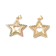 Rack Plating Brass Pendants, with Colorful Cubic Zirconia, Star with Heart Charm, Cadmium Free & Lead Free, Long-Lasting Plated, Real 18K Gold Plated, 26.5x25x2.5mm, Hole: 5x3.5mm(KK-D087-33G)