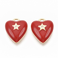 Brass Micro Pave Clear Cubic Zirconia Charms, with Enamel, Nickel Free, Real 18K Gold Plated, Heart with Star, Red, 13.5x11.5x3.5mm, Hole: 1.2mm(KK-T051-13G-NF)