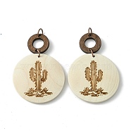 Flat Round & Ring Poplar Wood Engrave Big Pendants, with Iron Jump Ring, Cactus, 58.5x39.5x5mm, Hole: 5mm(WOOD-G019-05A)