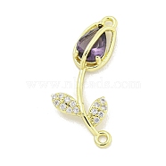 Rack Plating Brass Micro Pave Clear Cubic Zirconia Flower Connertor Charms, Rose Glass Links, Real 18K Gold Plated, Cadmium Free & Lead Free, Long-Lasting Plated, Lilac, 26x14x4.5mm, Hole: 1.5mm(KK-Z043-03D)