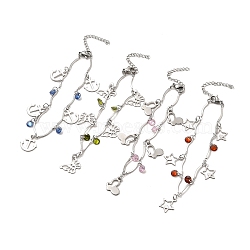 Cubic Zirconia & 304 Stainless Steel Charm Bracelet with Bar Link Chains for Women, Stainless Steel Color, Mixed Patterns, Pendant: 10~14.5x12~14x0.5~1mm, 7-3/8 inch(18.8cm)(BJEW-C025-11P)