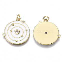 Brass Micro Pave Cubic Zirconia Pendants, with Enamel and Jump Ring, Nickel Free, Flat Round with Vortex, Real 16K Gold Plated, White, 22x21x2mm, Jump Ring: 5x1mm, 3mm inner diameter(ZIRC-N039-056A-NF)